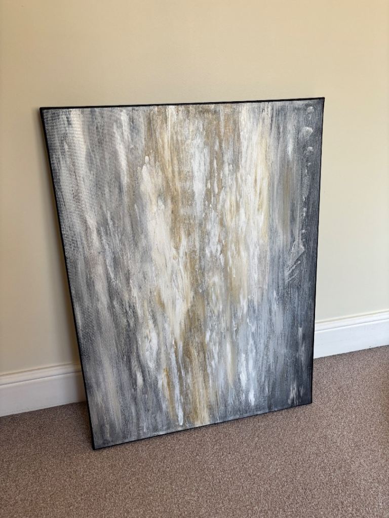 Hand painted abstract grey, white and gold painting on thick canvas – Good Condition