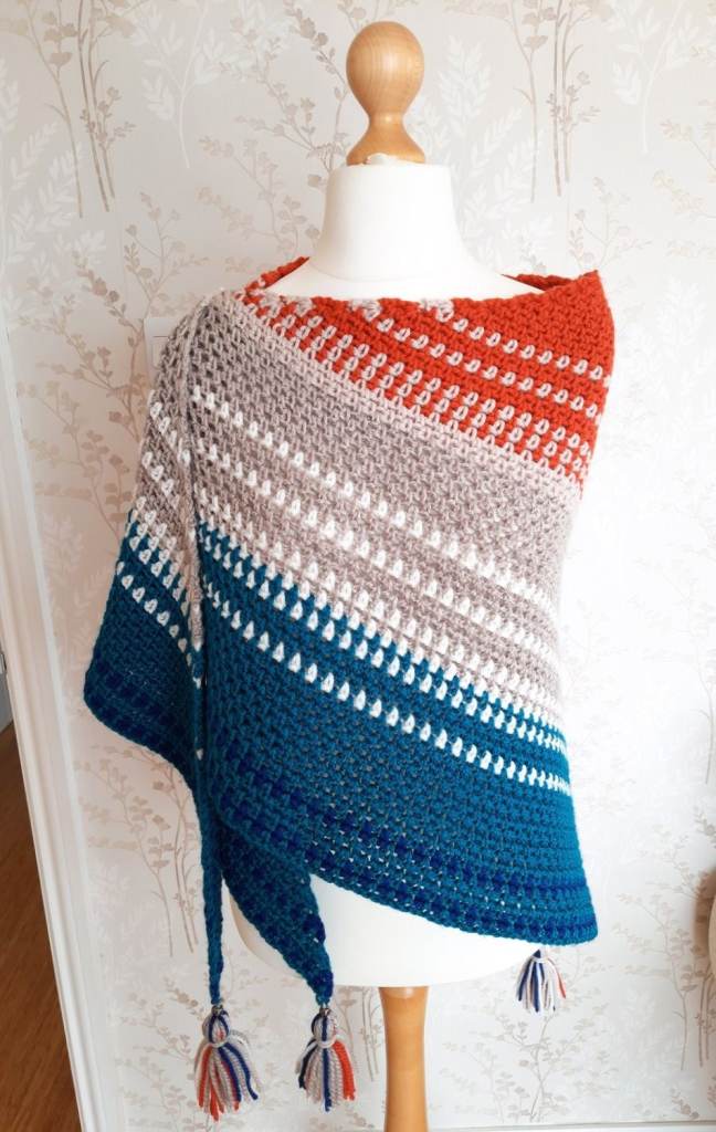 Handmade Warm Shawl for Winter. Striped Knitted Shoulder Wrap. Boho Chunky Crochet Accessory Tassels