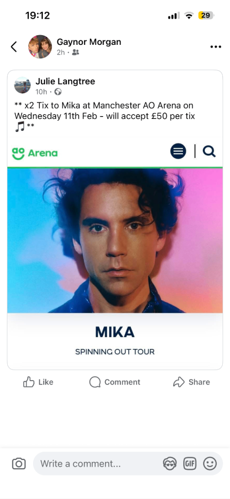 2 tickets Mika spin out tour £18 each AO Arena Wed 11th Feb 