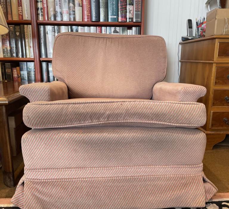 Retro 1960s pink and grey stripe fabric armchair - Made in England 