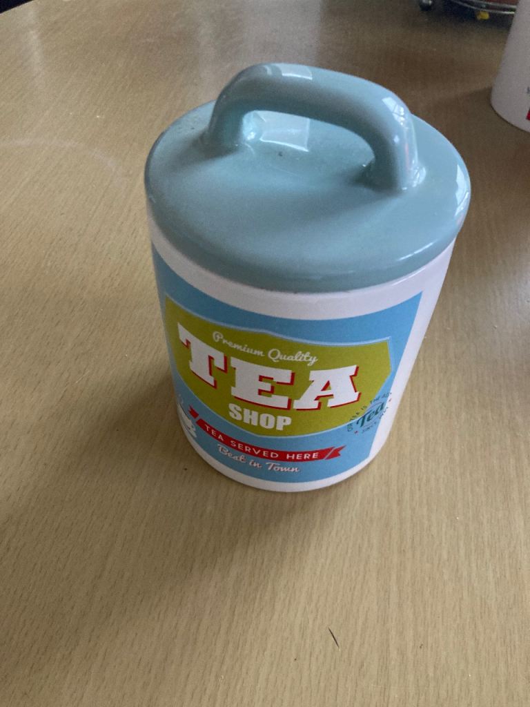 White & Blue Ceramic 'Tea Shop' Canister with Lid