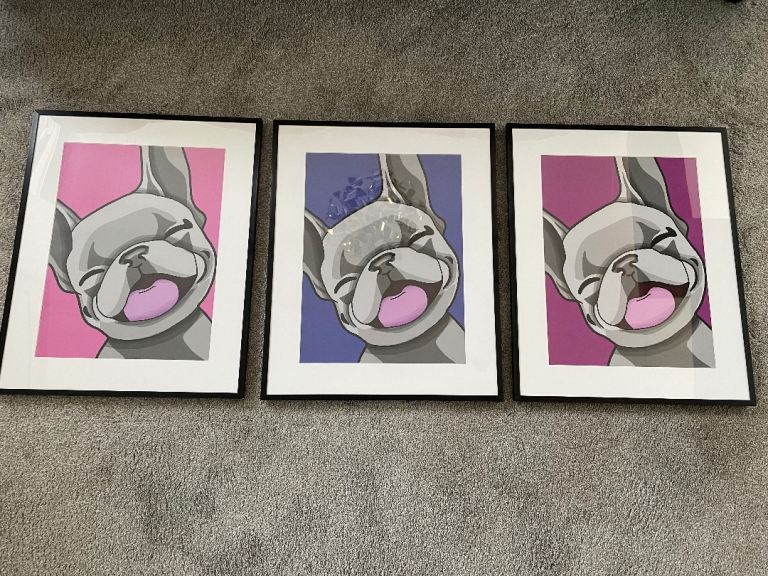 French Bulldog Art / Pictures - 3x framed caricatures - blue/purple/pink  
