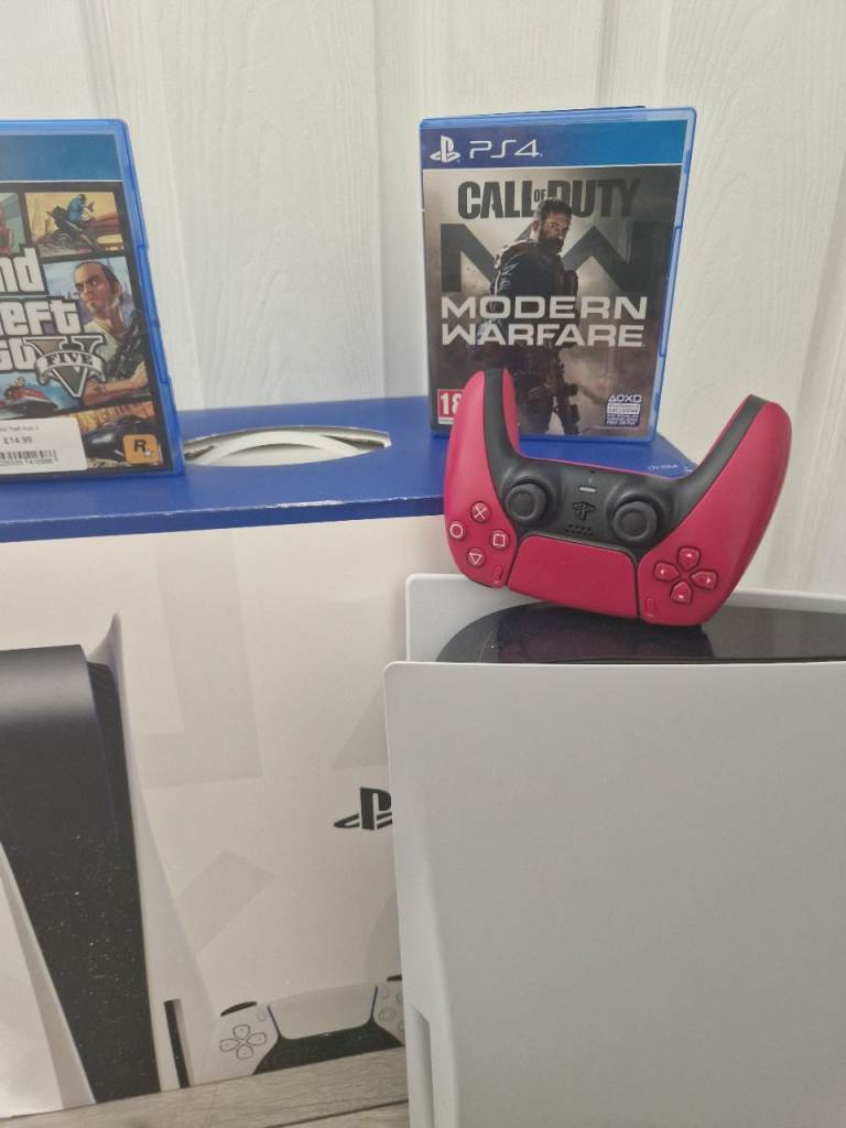 PS5 DISC  Console with Red Controller and 2 Games – Good Condition