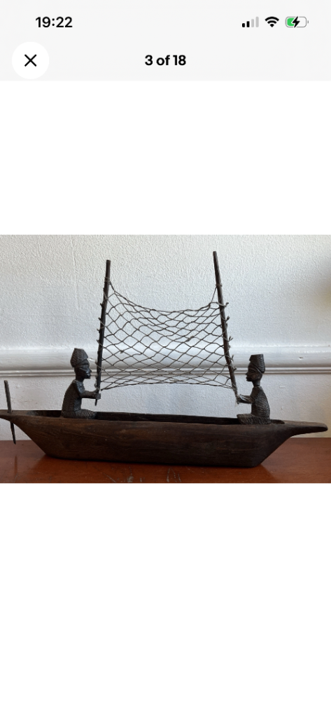 Hand Carved Wood Wooden African Fishing Boat Canoe With Fishermen And Net / flawed