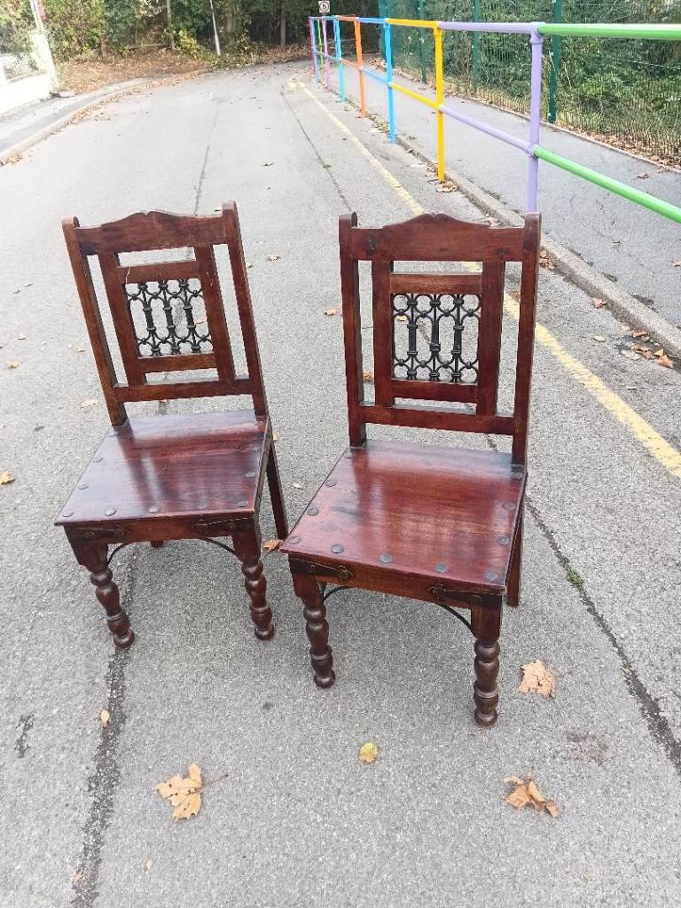 Pair of Wooden Dining Chairs with Metal Detail – Good Condition