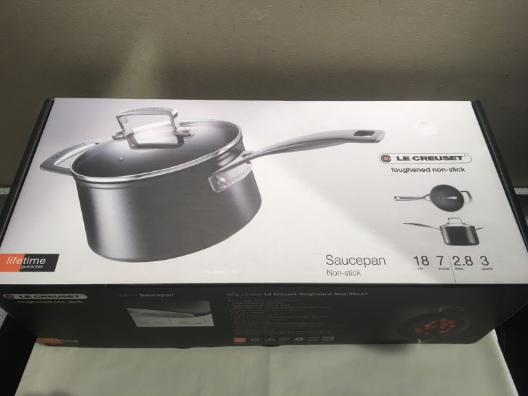 Le Creuset Toughened Non-Stick 18cm Saucepan with Helper Handle and Glass Lid - New, Boxed