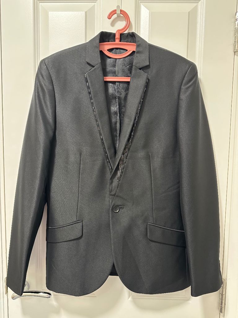 AT-20 Men's Black Slim-Fit Evening Blazer with Sequin Lapel Trim
