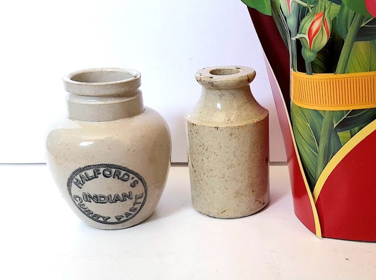 TWO x FAWN STONEWARE POTS - HALFORD's INDIAN CURRY PASTE and ANOTHER - 9 and 8 cm GOOD