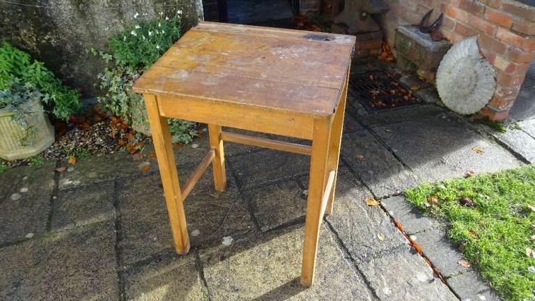 Vintage Antique Pine School Desk Hinged Lid with Ink Well