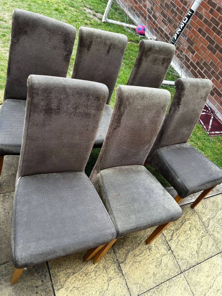 Set of 6 Grey Fabric Dining Chairs – Good Condition