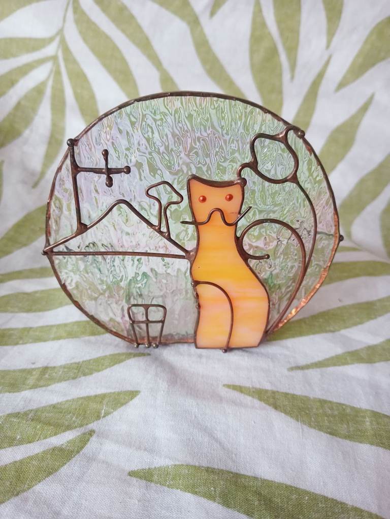 Glass cat tealight candle holder art glass animal