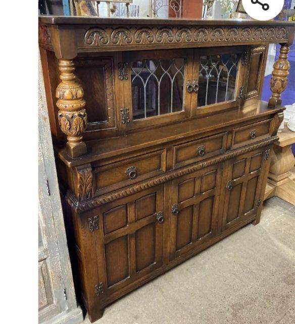 Large Antique Style Wooden Sideboard with Display Cabinet
