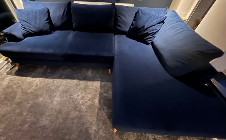 Next chaise corner sofa - plush velvet blue - excellent conidtion