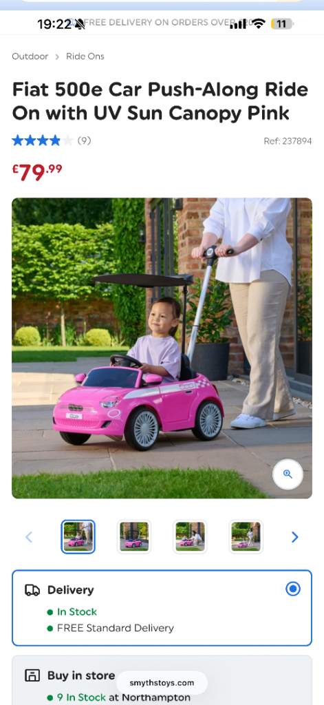 Pink Fiat 500e Car Push-Along Ride On with UV Sun Canopy