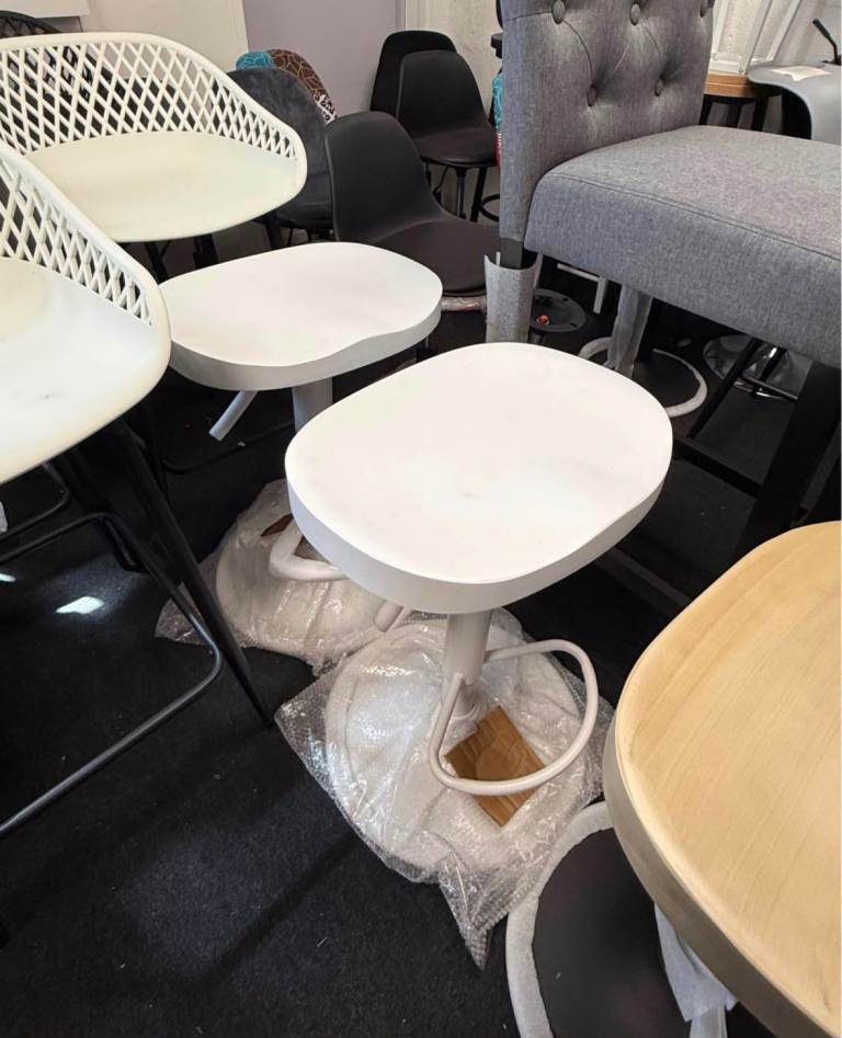 Brand New White Faux Leather Low-Back Swivel Bar Stool with Matching White Gas-Lift Base
