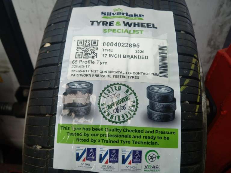 225-65-R17 102t Continental 4x4 Contact 7mm Partworn Pressure Tested Tyres