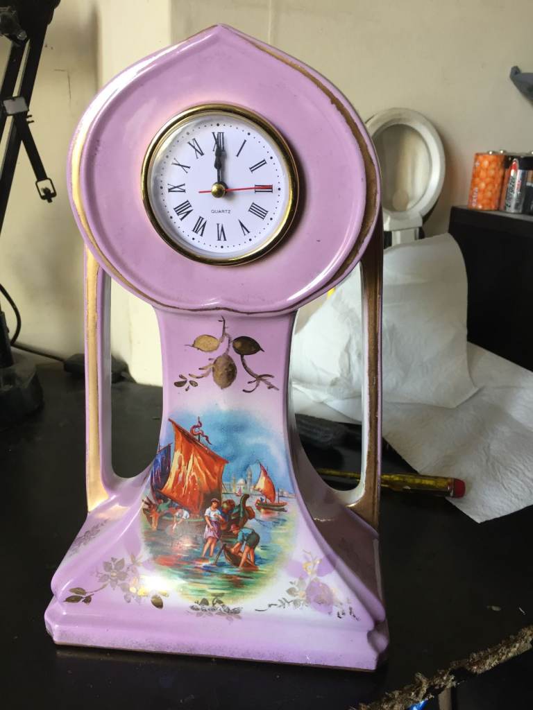 early 1900s english ceramic  clock converted to quartz battery movement 