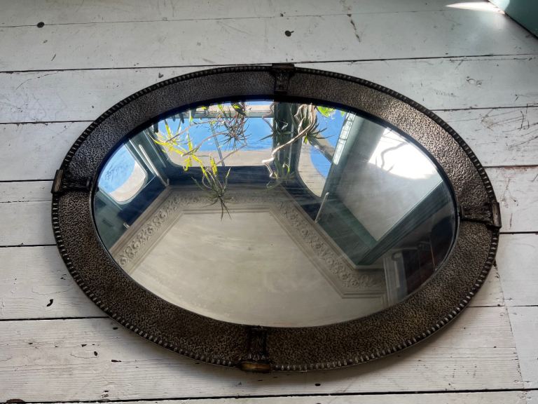     Antique Arts & Crafts Brass Oval Mirror – Hand-Hammered Frame – c.1900