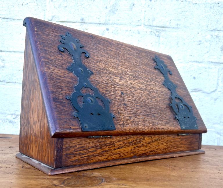Oak letter desk cabinet antique vintage haberdashery storage writing box Art Nouveau victorian slope