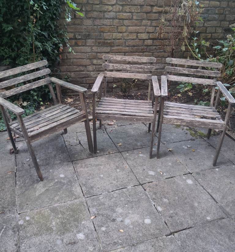 Three Wooden Garden Chairs – Fair Condition, Needs TLC