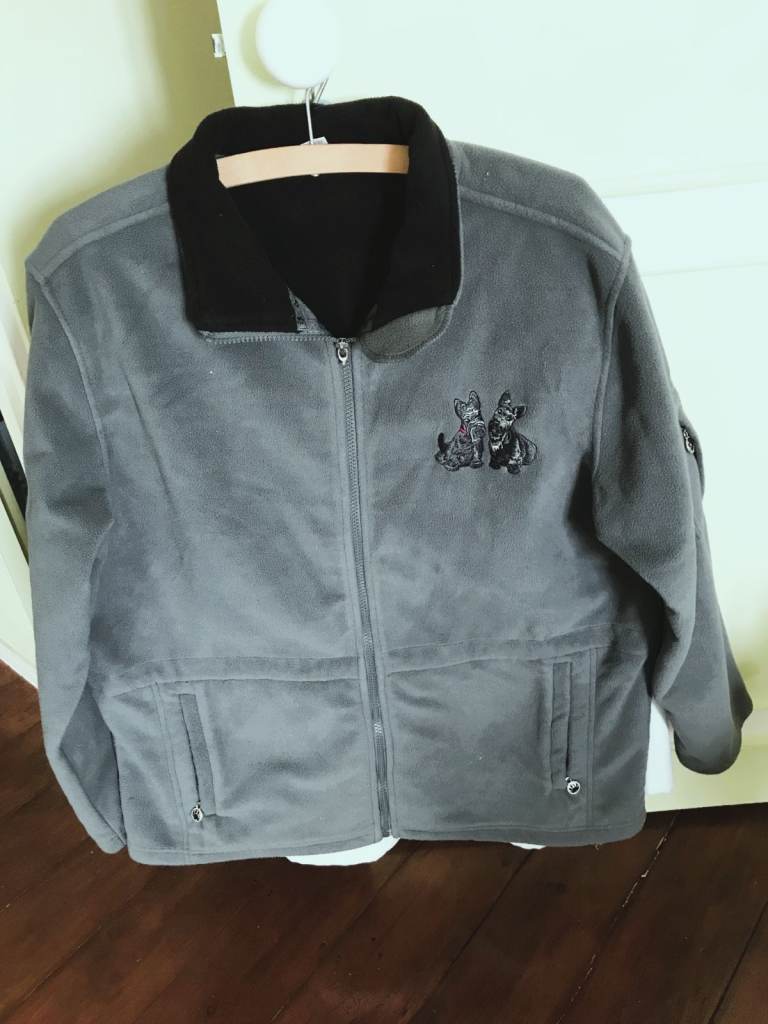 Women's grey fleece jacket with Scottie dogs size large fits size 14 VGc