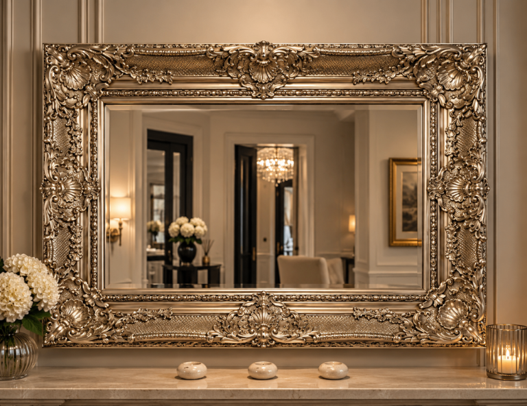 Stunning Large Ornate Silver French Baroque Wall Mirror 