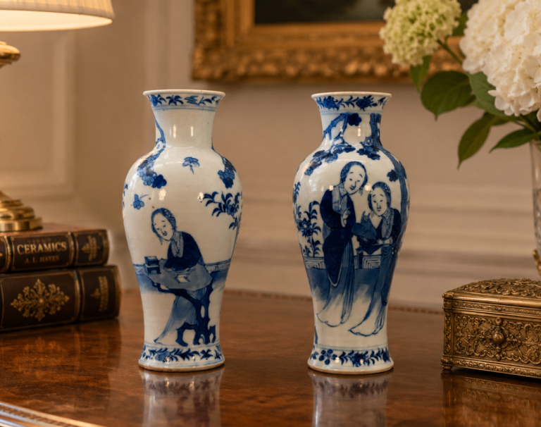 Pair Antique Chinese Blue & White Porcelain Vases Figural Ladies Kangxi Style