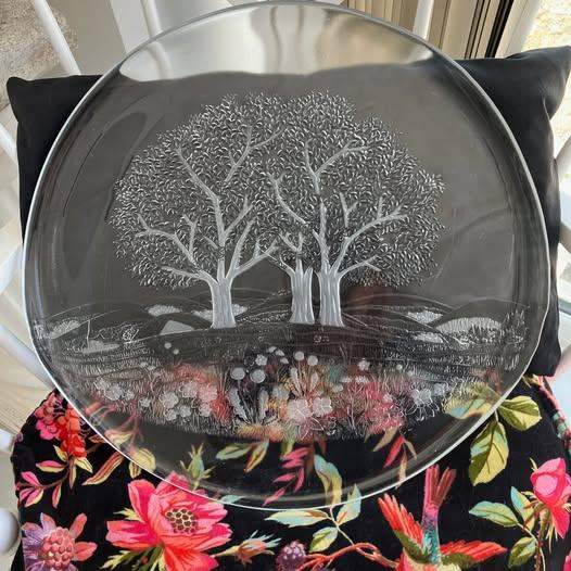 Vintage Swedish Large Etched Clear Glass Tray/Platter Kosta Boda Tree Meadow 