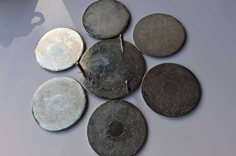 Coaster Set Embossed Silver-Plate with Black Leather Vinyl Bottom 6 + Holder - brand Royle