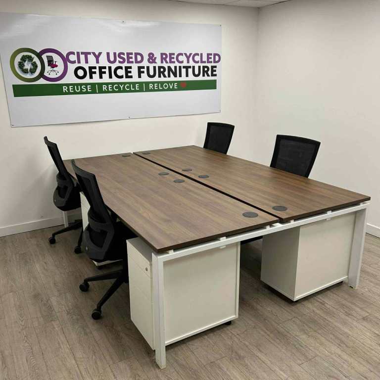4-Person Walnut & White Bench Desks – 90% Off Retail