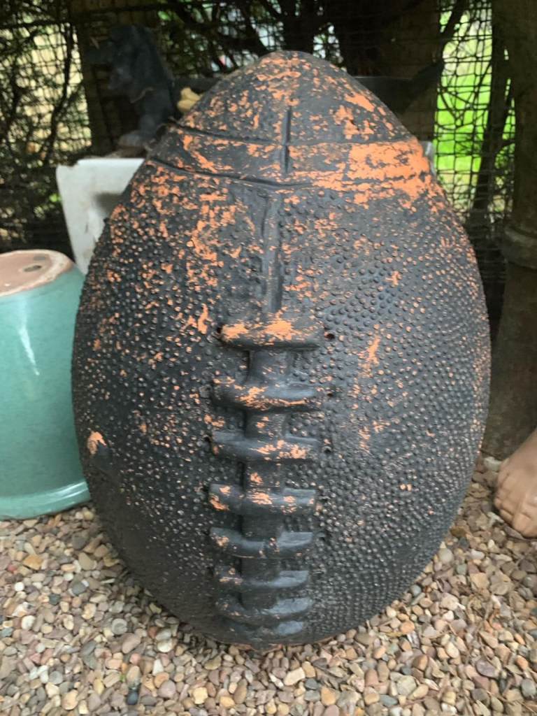Large 18” hand thrown terracotta rugby ball, heavy PENDING