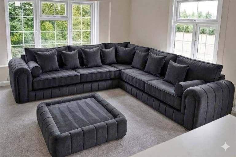 Brand New Corner Sofa with Footstool – Black Fabric