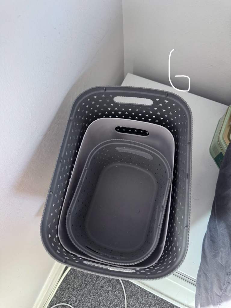 Set of 3 Grey Plastic Laundry Baskets – Good Condition