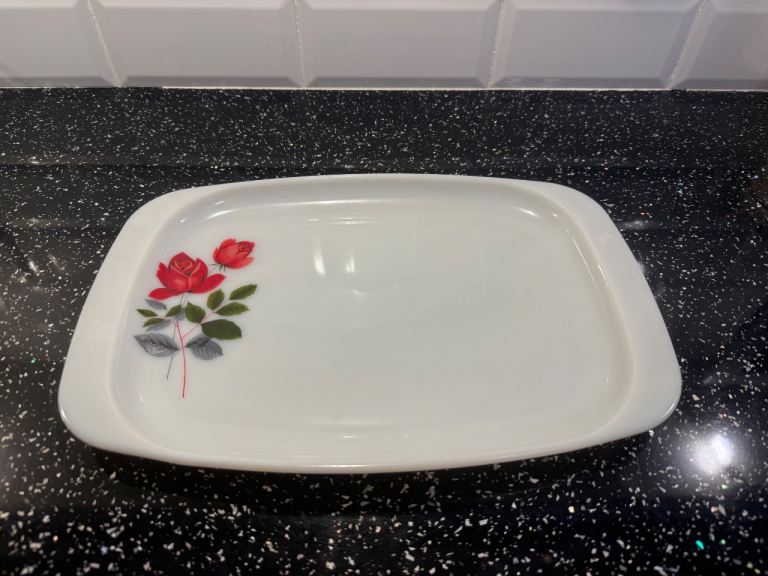 Vintage 60's JAJ Pyrex June Rose Large serving platter It has a white milk glass base. 15" x 10". 