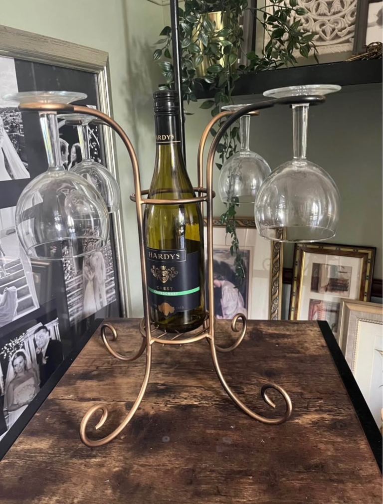 Wine Bottle Holder with 4 Wine Glasses | Copper Effect Metal Display Stand