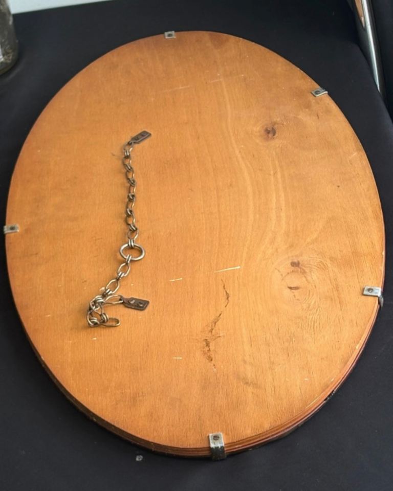 Vintage mid-century Frameless Mirror Art Deco Bevelled Painted Dog 20’s 30’s shell metal