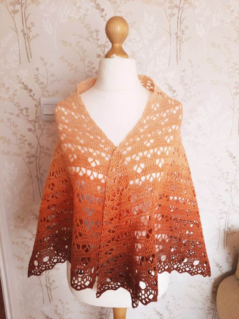 Gradient Knitted Shawl. Lace Shoulder Wrap. Crochet Shrug / Cover Up. Boho Ombre, Warm Autumn Hues