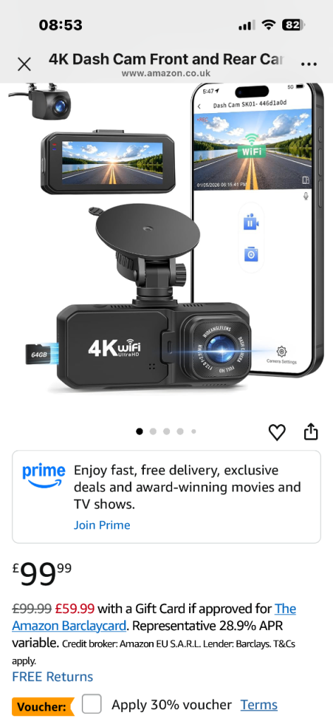 New 4K WiFi Dual Channel Dash Cam with 64GB SD Card