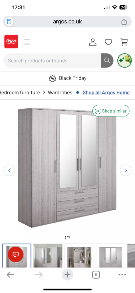 Argos Brisbane 4 door, 3 drawer wardrobe in grey oak. 