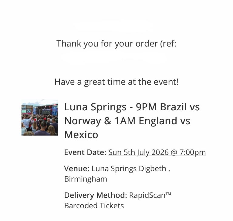 x1 ticket Luna Springs Brazil v Norway & Mexico v England