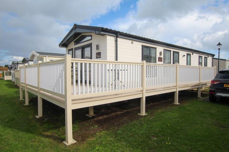 Victory Monaco 2016 static caravan & decking sited at New Beach, Dymchurch, Kent
