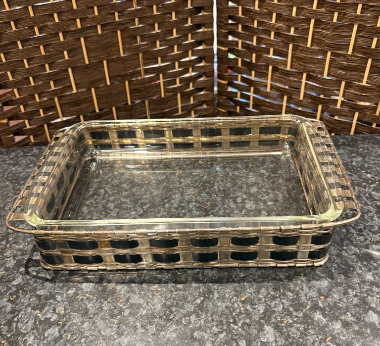 Christofle France vintage baking dish with silver plated basket 