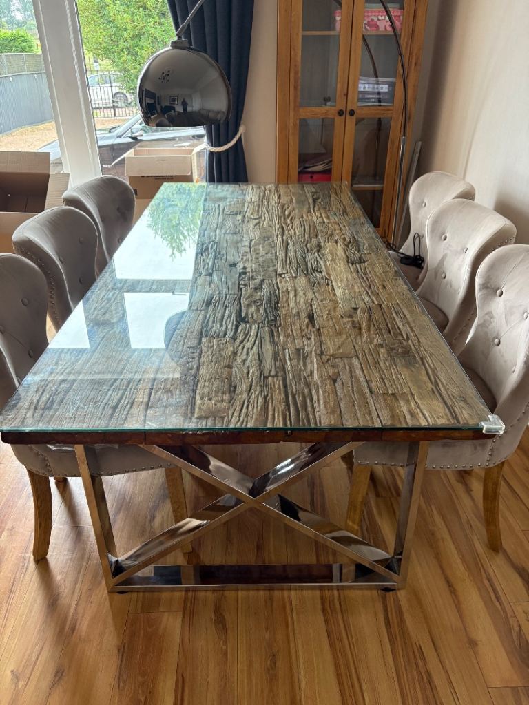 Large Rustic Wooden Dining Table with Chrome X-Frame Legs and 6 Taupe ...