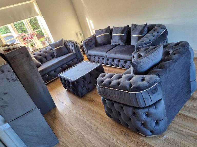 Velvet Buttoned Sofa Suite with Armchair and Footstool