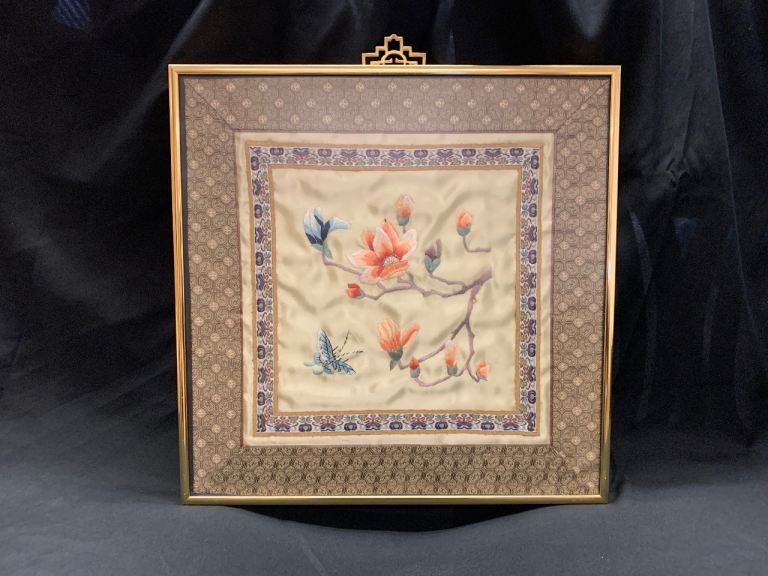 Vintage Chinese Silk Embroidery Floral Butterfly Framed Art Mid 