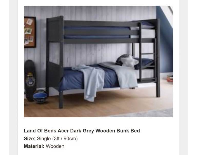 Bunk Bed Single (3ft) Acer Dark Grey Wooden 