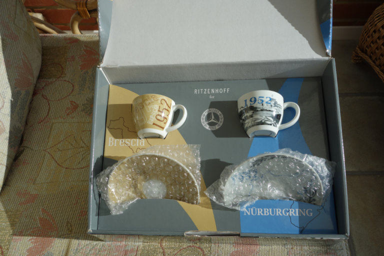 Mercedes Benz genuine unused boxed pair espresso cups with saucers by Ritzenhoff. Bargain at £150.