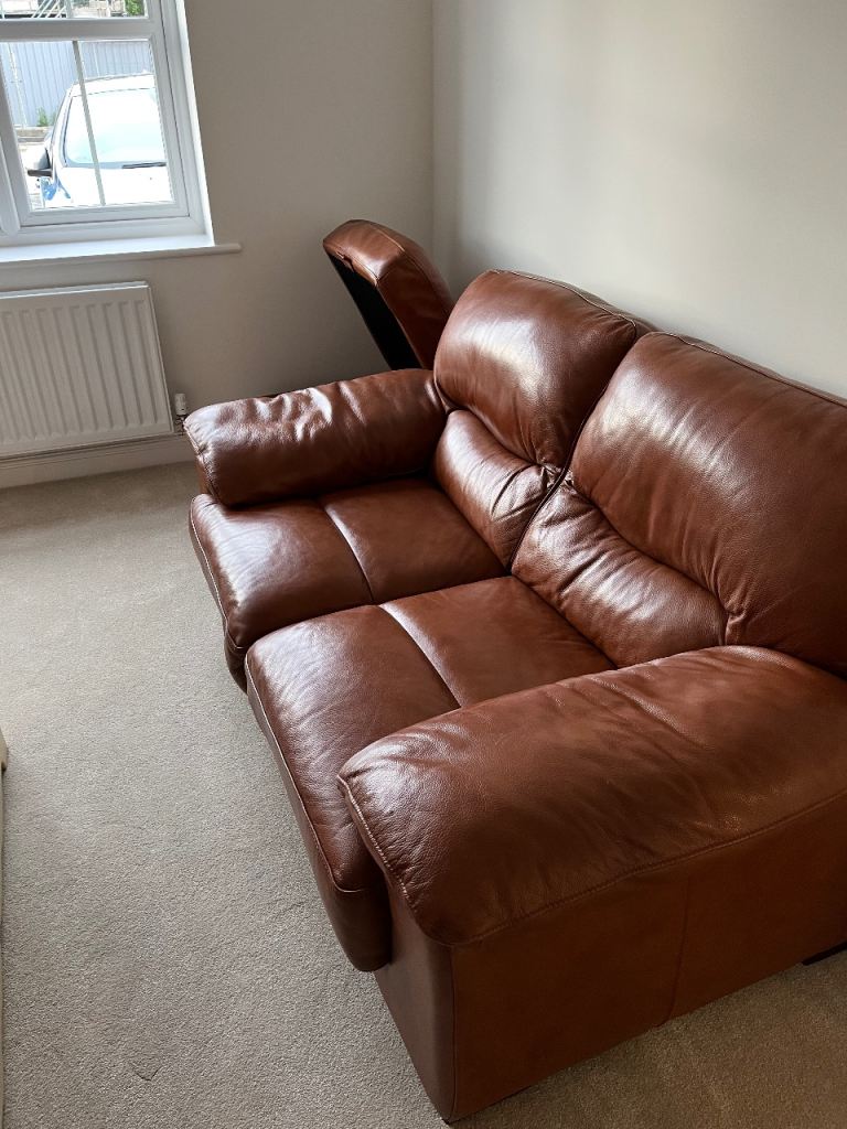 Two Seat Tanned Brown Leather Sofa and Footstool 