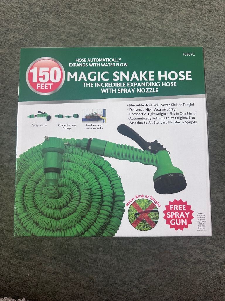 Magic Snake Hose 150ft – Expanding Hose with Spray Nozzle, NEW