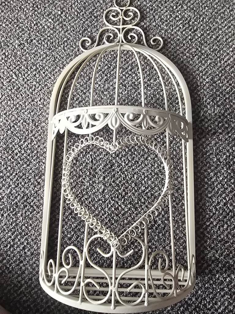 White Metal Decorative Bird Cage with Heart Design